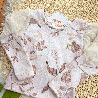 Conj. Blusa Folhagem  Manga Longa com Tule e Short - Rosa e Off White